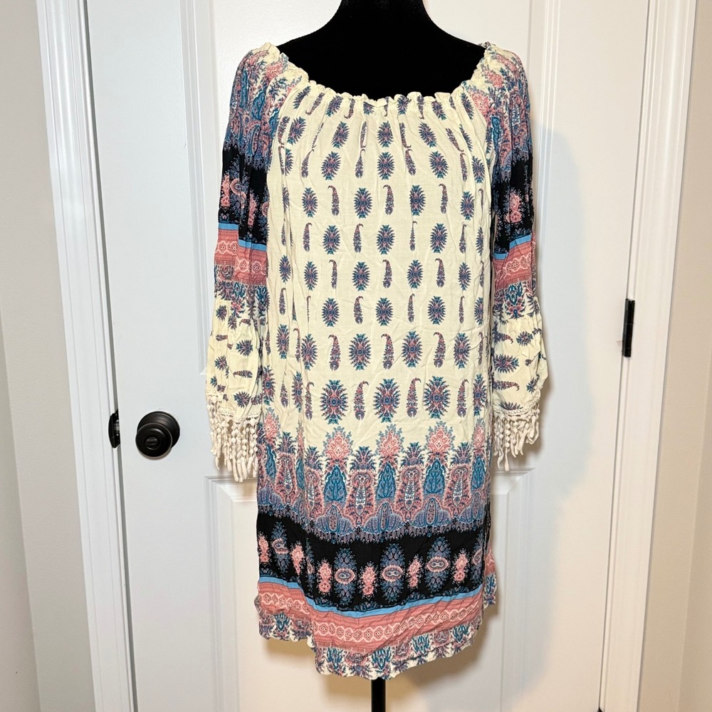 Kori America Boho Paisley Off Shoulder Bell Sleeve Fringe Tassel Dress Large